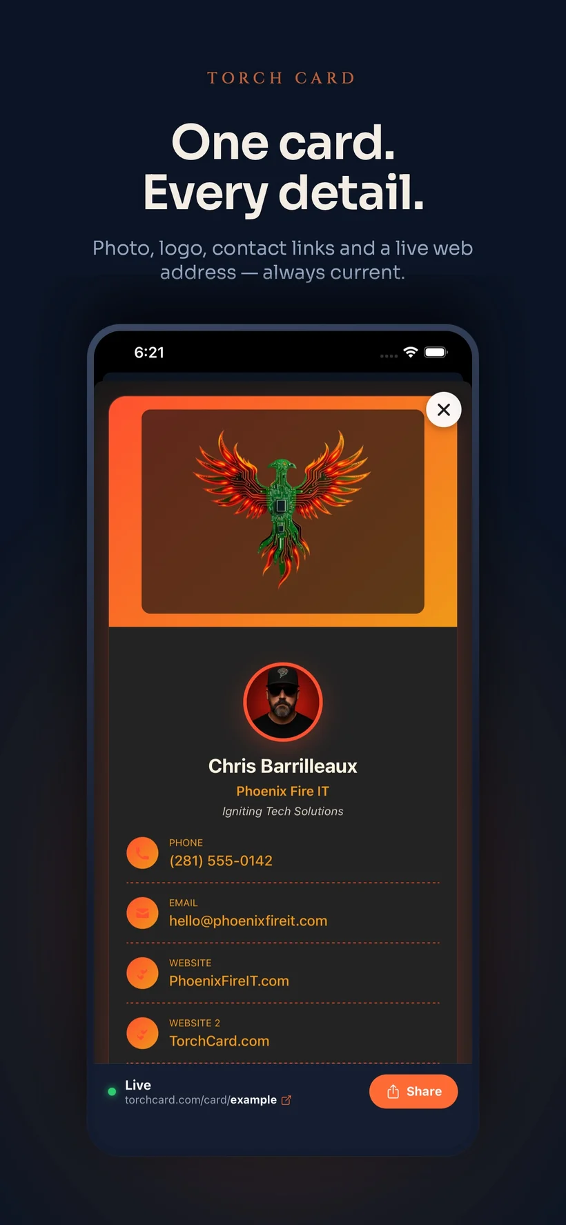 Torch Card presentation featuring a warm dark card design