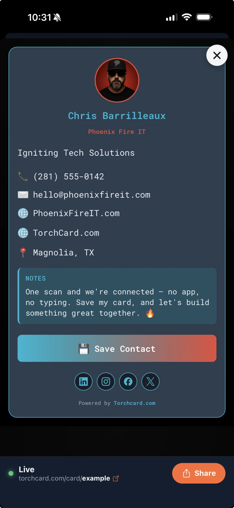 A finished Torch Card profile in a dark cyan design