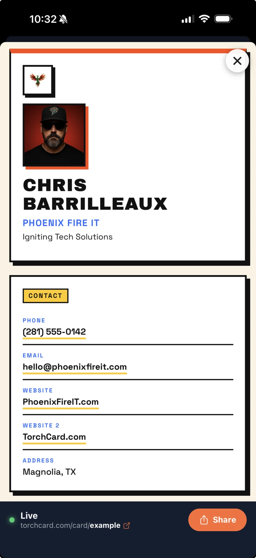 A finished Torch Card profile in a bold white editorial design