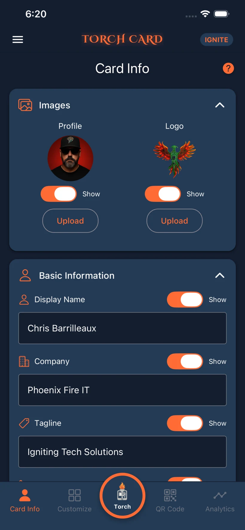 The actual Card Info screen with image, field, and visibility controls