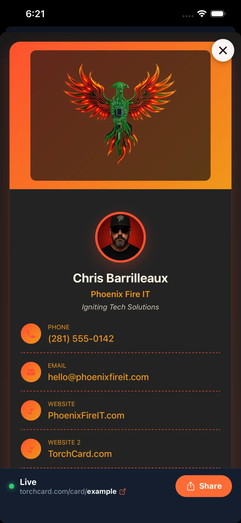 A finished digital business card inside the Torch Card app