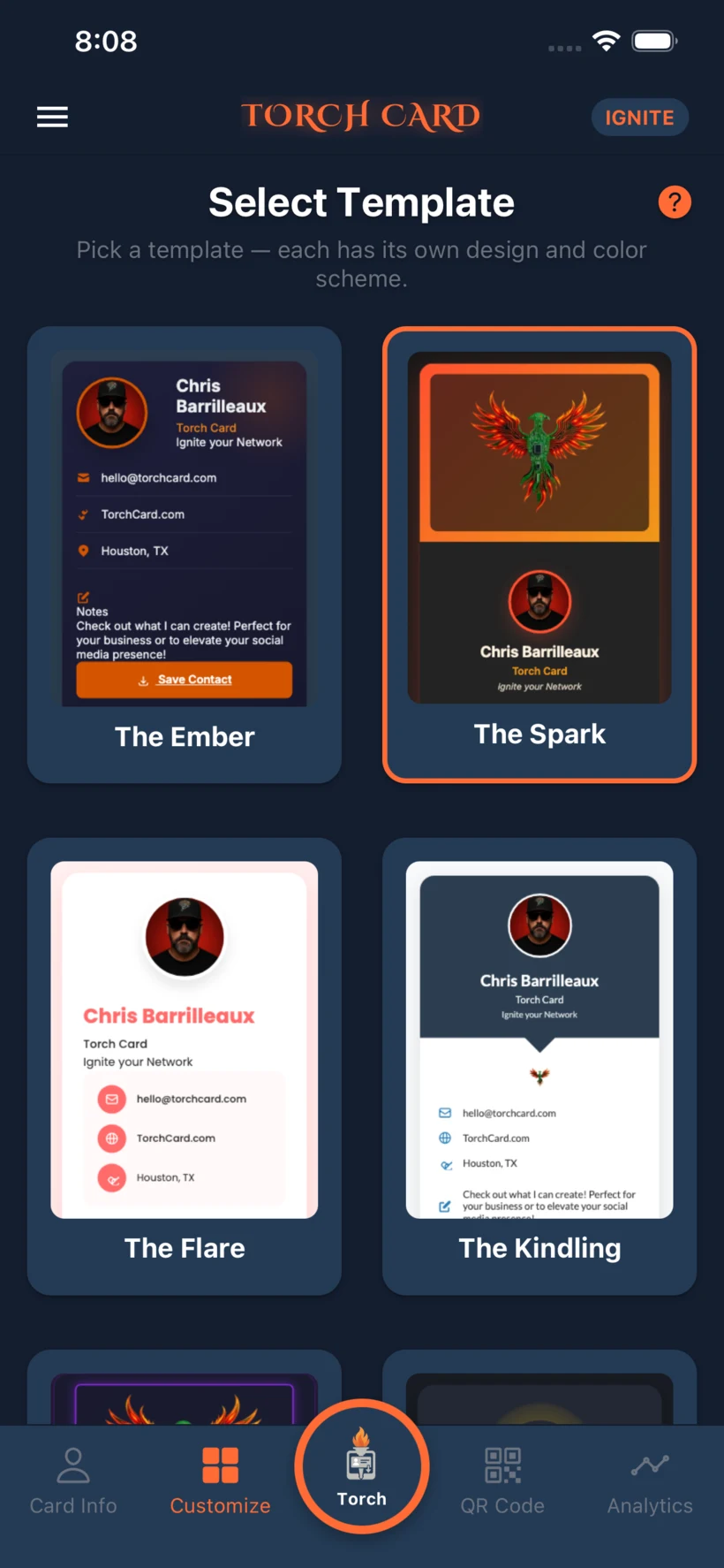 Torch Card template picker