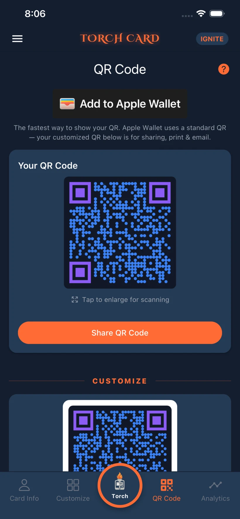 The actual QR code and Apple Wallet screen in Torch Card