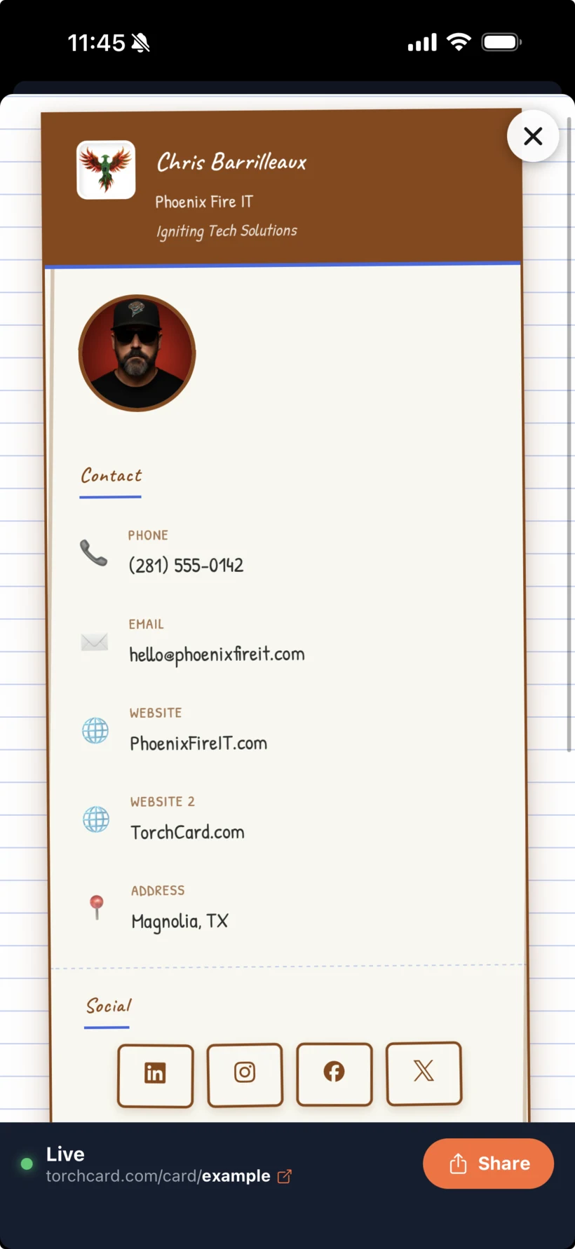 The Notebook live Torch Card template